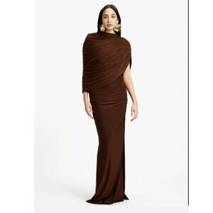 Deme by Gabriella Violet Dress Espresso Brown Draped Cape Maxi Gown Large‎ NEW